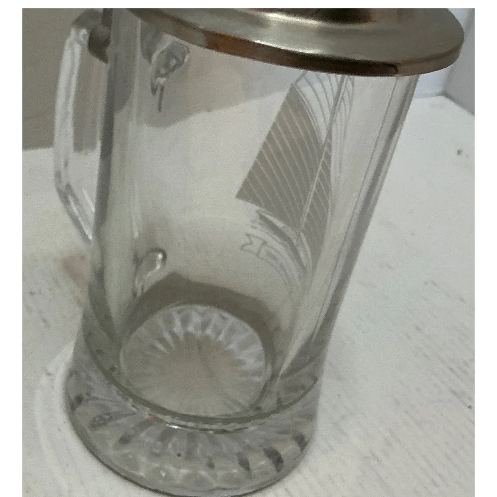 Vintage Glass Beer Stein Etched Columbia 1901 Sailboat Anchor Metal Lid Tankard
